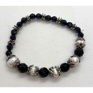 Handmade Black Beaded Pearl Silver Tone Stretch Bracelet 7'' Boho‎ Whimsigoth